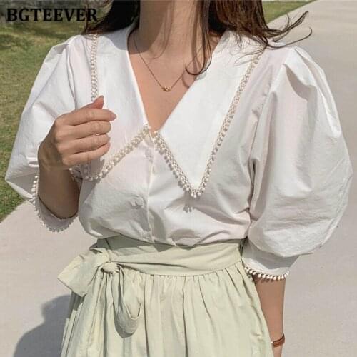 BGTEEVER Casual Chic Lapel Women Solid Blouses Puff Short Sleeve Single-breasted Loose Female Shirts 2021 Summer Ladies Blusas
