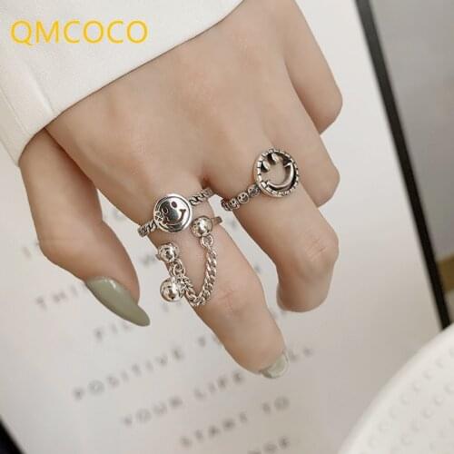 QMCOCO 925 Silver Vintage Hollow Out Smile Face Finger Open Adjustable Ring For Women Couples Accessories Jewelry Party Gift