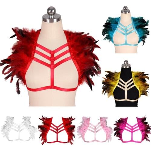 Harajuku Feather Shawl Harness Bra Plus Size Crop Top Shoulder Epaulets Cage Chest Art Dance Festival Bnurning Hot Sexy Lingerie