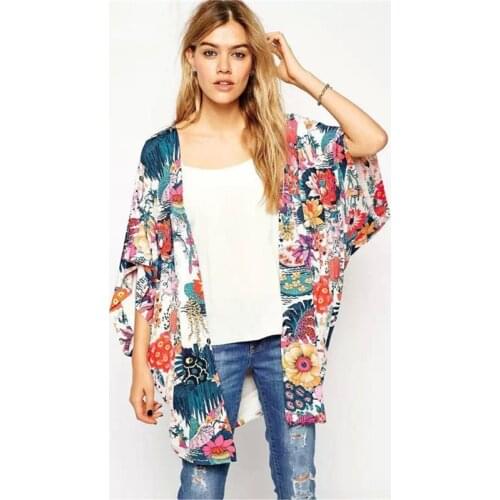 Chiffion Boho Women Blouse Floral Print Beach Shawl Kimono Cardigan Shirts Casual Loose Half Sleeve Tops Long Blusa Clothing