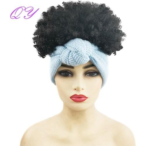 Headband Synthetic Womens Wig Short Nature Black Afro Kinky Curly Wig Blue Hair Band Fluffy Woman Scarf High Temperature Wigs