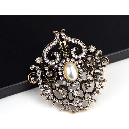 Sunspicems Vintage Turkish Crystal Brooch Pin for Women Hijab Lapel Resin Jewelry Hat Badge Antique Gold Color Bohemia Gift