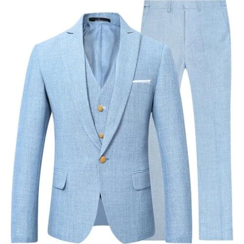 Light Blue Wedding Men Suits Notched Lapel Gold Mens Custom Made Designer Wedding Tuxedos (Jacket+Coat+Pants)