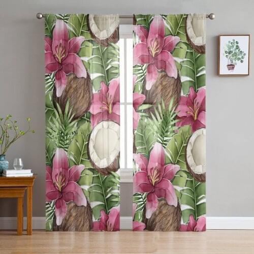 Tropical Coconut Palm Leaf Sheer Curtains for Living Room Bedroom Kitchen Tulle for Windows Voile Drapes Home Decoration