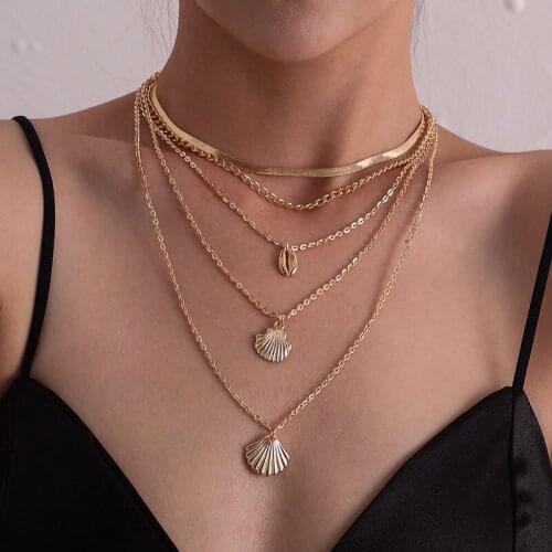 Vintage Multilayer Sea Shell Scallop Pendant Necklace Women Ethnic Bohemain Geometric Beach Chains Necklace Party Jewelry Kolye