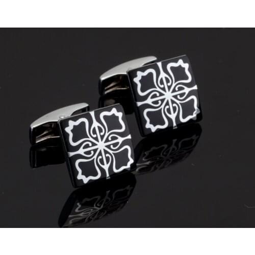 High Quality Black flower Stainless Steel Square Stamping Vintage Cuff Links Wedding Mens Custom Enamel Cufflinks