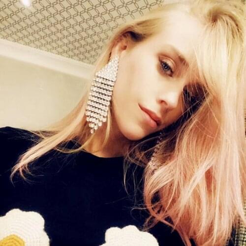 Boutique Shiny Rhinestone Tassel Chain Women Big Dangle Earrings Hot Sale Party Evening Dress Statement Earrings Accessories