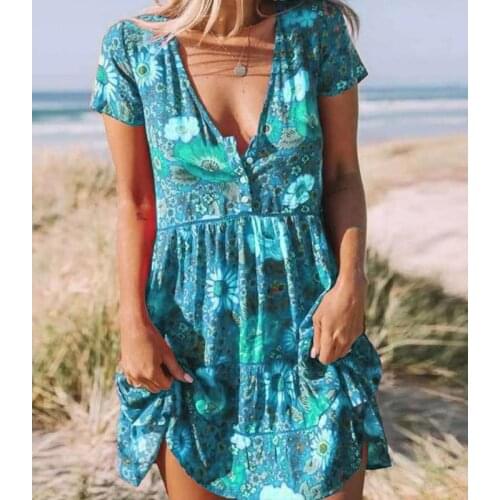 Womens Summer Sexy Deep V-Neck Button Floral Print Short-sleeved Dress Casual Loose Retro with Bohemian Beach Dress For Ladies