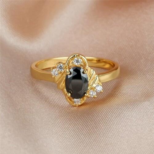 Black Crystal Thin Ring Jewelry Vintage Yellow Gold Color Wedding Rings For Women Cute Bride Oval Engagement Valentines Day Gift