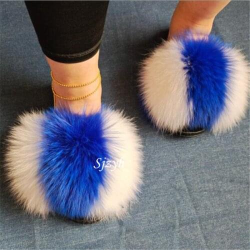 Winter Girls Luxury Fluffy Fur Slippers Indoor Warm Home Flip Flops Womens Furry Mules Shoes Ladies Fox Fur Slides Wholesale