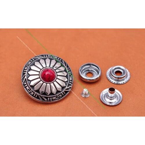 10 SET Silver Southwest Sun Flower Leathercraft Red Turquoise 201 Snap Button Concho Set For Case Wallet Luggage Bag Decor