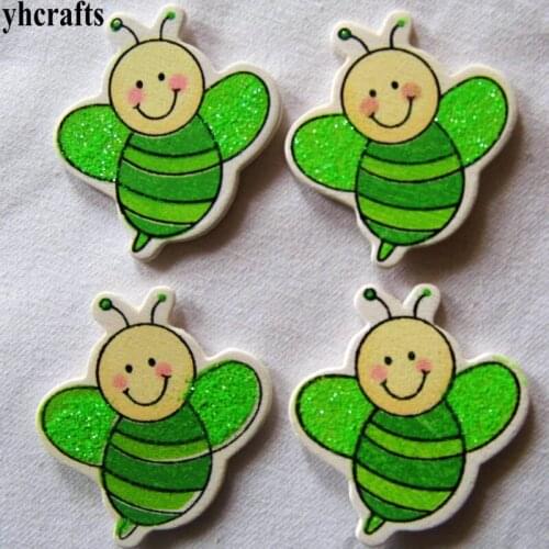 100PCS/LOT,Green glitter bee wood stickers,Easter Spring crafts.Kids room decoration DIY toys,Craft material,Scrapbooking kit