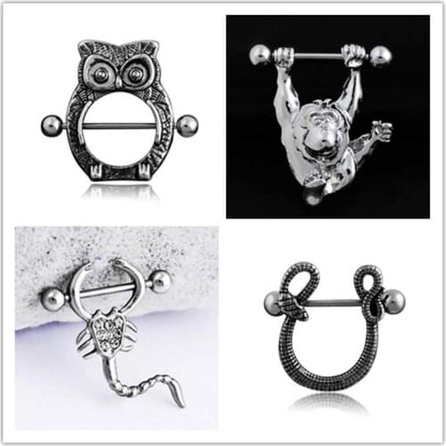 PAIR Stainless Steel Nipple Shield Ring Animal zodiac monkey / snake / eagle / centipede Piercing Barbell Jewelry 2pc