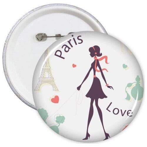 5pcs Paris Lady France Landmark National Flag Architecture Custom Landscape Illustration Pattern Round Pin Badge Button