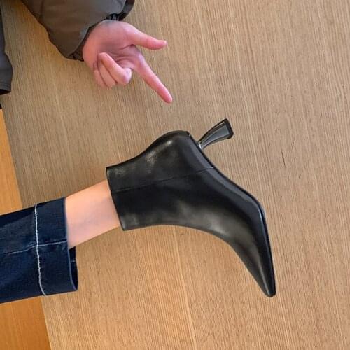 Osunlina Brand Boots For Woman Sexy Pointed Toe High Heels Ankle Boots Black Genuine Leather Zipper Shoes size 33-43 A026