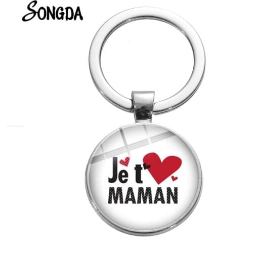 Je T'aime Maman Love Heart Photo Keychain French Letter I Love Mother Crystal Key Chain for Papa Mom Llaveros Keyring Jewelry