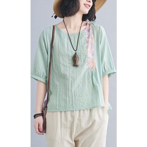 Women Cotton Linen Casual T-shirts New 2021 Summer Vintage Style Patchwork Color Loose Female Half Sleeve Tops Tees S3964