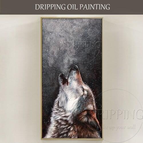 Artist Pure Hand-painted High Quality Realist Animal Wolf Head Oil Painting on Canvas Wolf Howl Oil Painting for Living Room