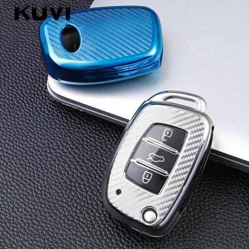 Carbon TPU Car Folding Key Cover Case Shell For Hyundai Tucson Creta ix25 i10 i20 i30 Verna Mistra Elantra Santa Fe 2015-2018
