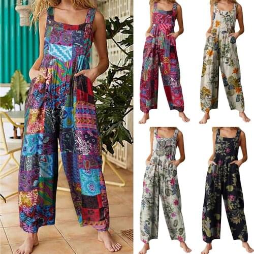 Cute Jumpsuit For Women Fashionable Casual Trousers Ladies Fashion Ethnic Style Patchwork Printed Button Soft Overalls Trousers