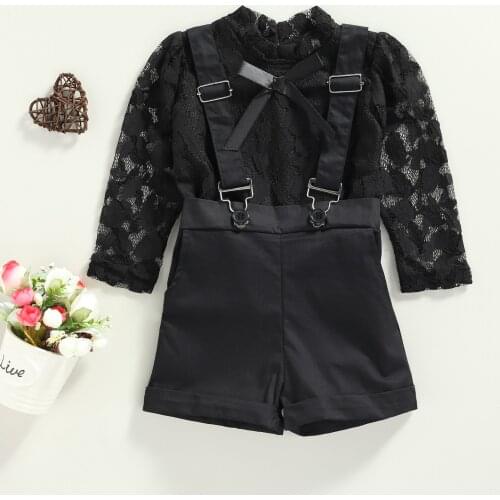 2Pcs Fashion Baby Girls Clothes Set Long Sleeve Floral Lace Mesh Shirt Tops + Black Suspender Shorts Spring Autumn Set