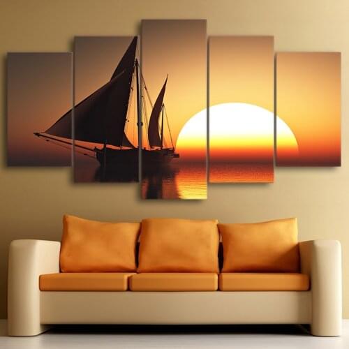 Modular Pictures Modern Canvas Framework HD Printed 5 Piece/Pcs Sun Sea Ship Scenery Home Decor Living Room Wall Art Painting