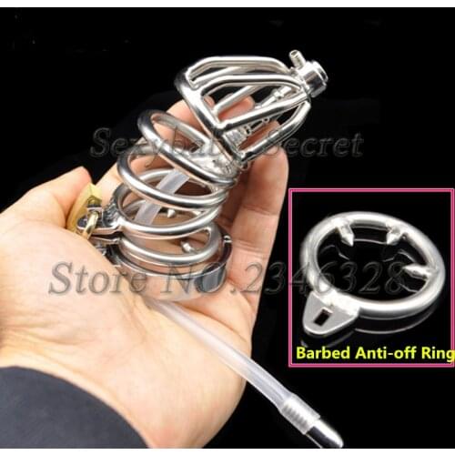 Stainless Steel Male Chastity Belt With Catheter Barbed Anti-off Ring,Chastity Lock,Cock Cage,Penis Rings,BDSM Sex Toy For Man