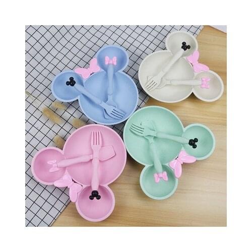 3-piece Set of Cute Baby Tableware Wheat Grass Childrens Mickey Plate Green Childrens Tableware Set Plate Tableware
