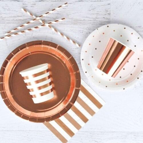 Rose Gold Striped Party Disposable Paper Plate Cups Straws Napkins Snack Gift Bags Bride Shower Baptism Anniversary Party