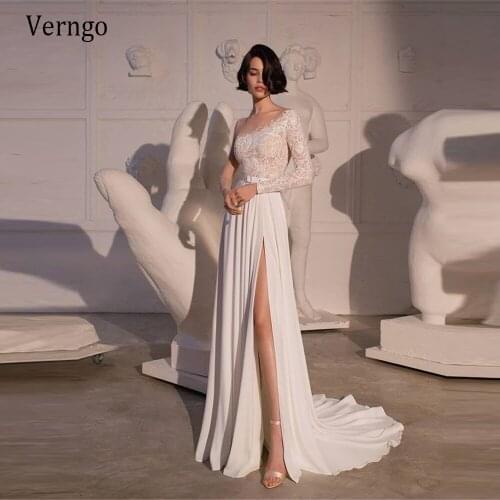 Verngo Elegant Lace Applique Beads Beach Wedding Dress Sheer O-neck Long Sleeves A Line Chiffon Side Skirt Bridal Gowns