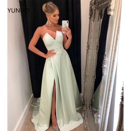YUNUO Cut out V-neck Sexy Prom Evening Dress Satin Long 2021 Side Slit Dresses Woman vestidos de gala Party Night Formal Gown