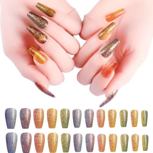 24pcs/Set Detachable Fake Nails Rainbow Ballerina Nail Art Tips Fake Nails Womens Long Coffin Press on Nails Overhead With Glue