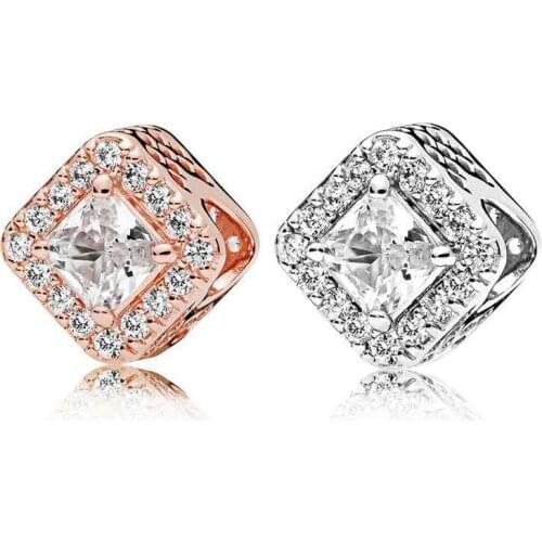 GChic 925 Sterling Silver Square Sparkle Halo Charm Beads fit Original Pandora Bracelets For Women Jewelry Making Gifts