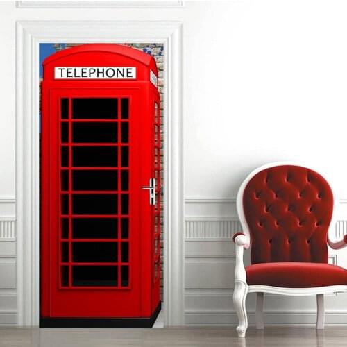 Modern Creative Red Telephone Booth Door Sticker Living Room Restaurant Wall Decals PVC Self-Adhesive Wallpaper Home Decor Paste