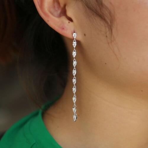 Trendy Romantic wedding gift bridal gift long teardrop cz chain sparking cz long earring