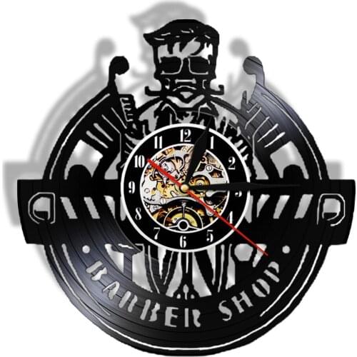 Vitage Barber Shop Vinyl Record Wall Clock Toolkits Decorative Hairdresser Hanging Wall Watch for Hair Salon Night Light Lamp