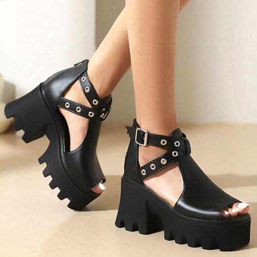 2021 Cool Leisure Zipper Gladiator Black Gothic Square Heels Brand New Summer Thick Platform Shoes Sandals Woman Large Size 45