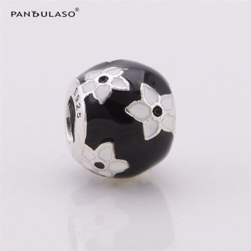 100% 925 Sterling Silver Jewelry Bead Fits European Charm Bracelet & Choker Flower in Black Enamel Bead Women DIY Jewelry
