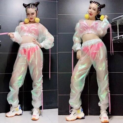Womens holographic Hip Hop Set Jazz Dance Cheerleading Dance Costume Bar Nightclub DJ outfit Fashion Street Dance Wear