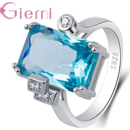 Authentic 925 Sterling Silver Princess Blue Zircon Engagement Ring For Women Ladies Fine Jewelry Accessories