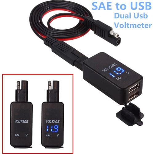 12V-24V 2.1A SAE Dual Car USB Cable Adapter Waterproof Dual Port Auto Power Socket Smart Phone Tablet GPS Charger with Voltmeter