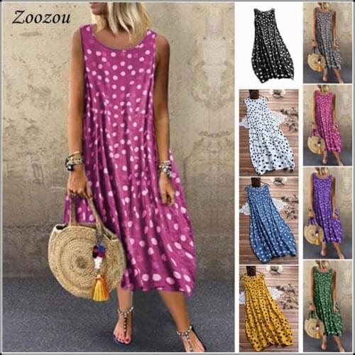2020 Summer Bohemian Dot Print Women Dresses Casual Sleeveless O Neck Tank Beach Party Dress Plus Size Loose dress New Arrivals