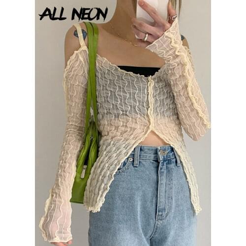 ALLNeon Y2K Fairycore Aesthetics Open Shoulder Zipper Slit Tops E-girl Fashion Sexy Wave Ruffles Long Sleeve T-shirt Transparent