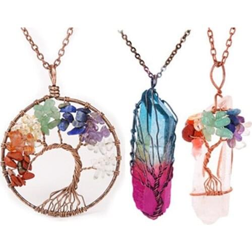 Three-piece set natural crystal column necklace natural stone life tree iced out chain chakra pendant crystal necklace set