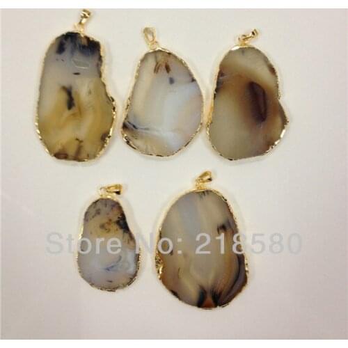 H-AS08 Brown Created Agates slice Pendant with Gold Layered and Bail