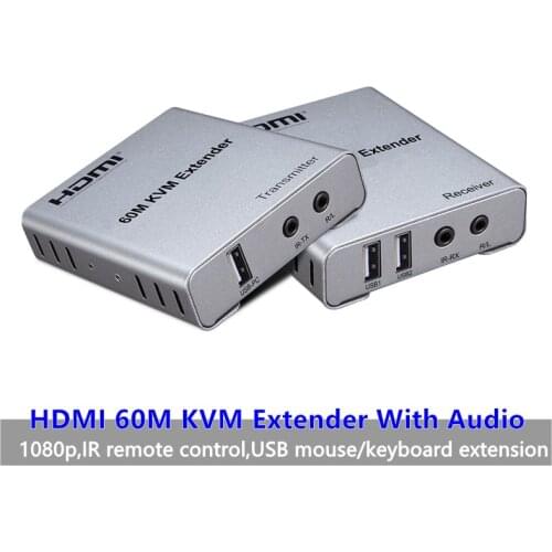 KVM HDMI Extender 60m USB mouse/keyboard Extension by Cat5/6/RJ45/LAN/UTP Network cable,IR Control,TX/RX 3.5MM R/L Audio output