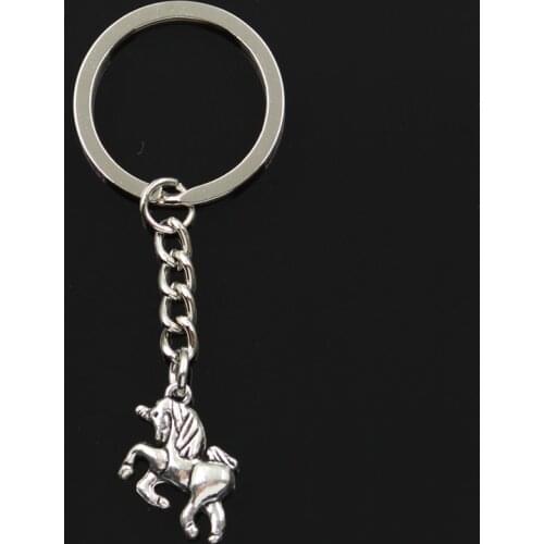 Fashion 30mm Key Ring Metal Key Chain Keychain Jewelry Antique Bronze Silver Color Plated Horse Unicorn 19x16mm Pendant
