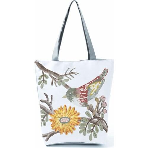 Flowers And Birds Printed Shoulder Bag Ladies Fashion Simple All-Match Handbag Eco Friendly Portable High Capacity Shopping Bag