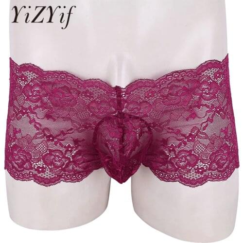 YiZYiF Men Underwear Sissy Gay boxer Lingerie Sexy Open Back See Through boxershorts Floral Lace Strappy Bulge Pouch Bikini