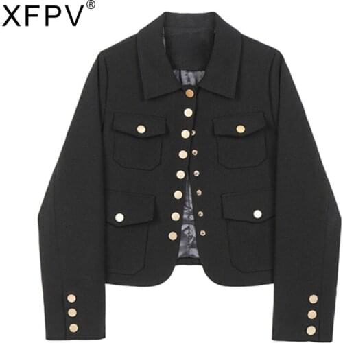 XFPV 2021 Autumn Winter New Fashion Womens Casual Metal Buttons Korean Style Long Sleeve Turn Down Collar Coat SM551